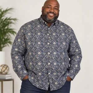 Roundtree & Yorke Mens 2XB Navy Paisley Button Down Shirt Cotton Big & Tall